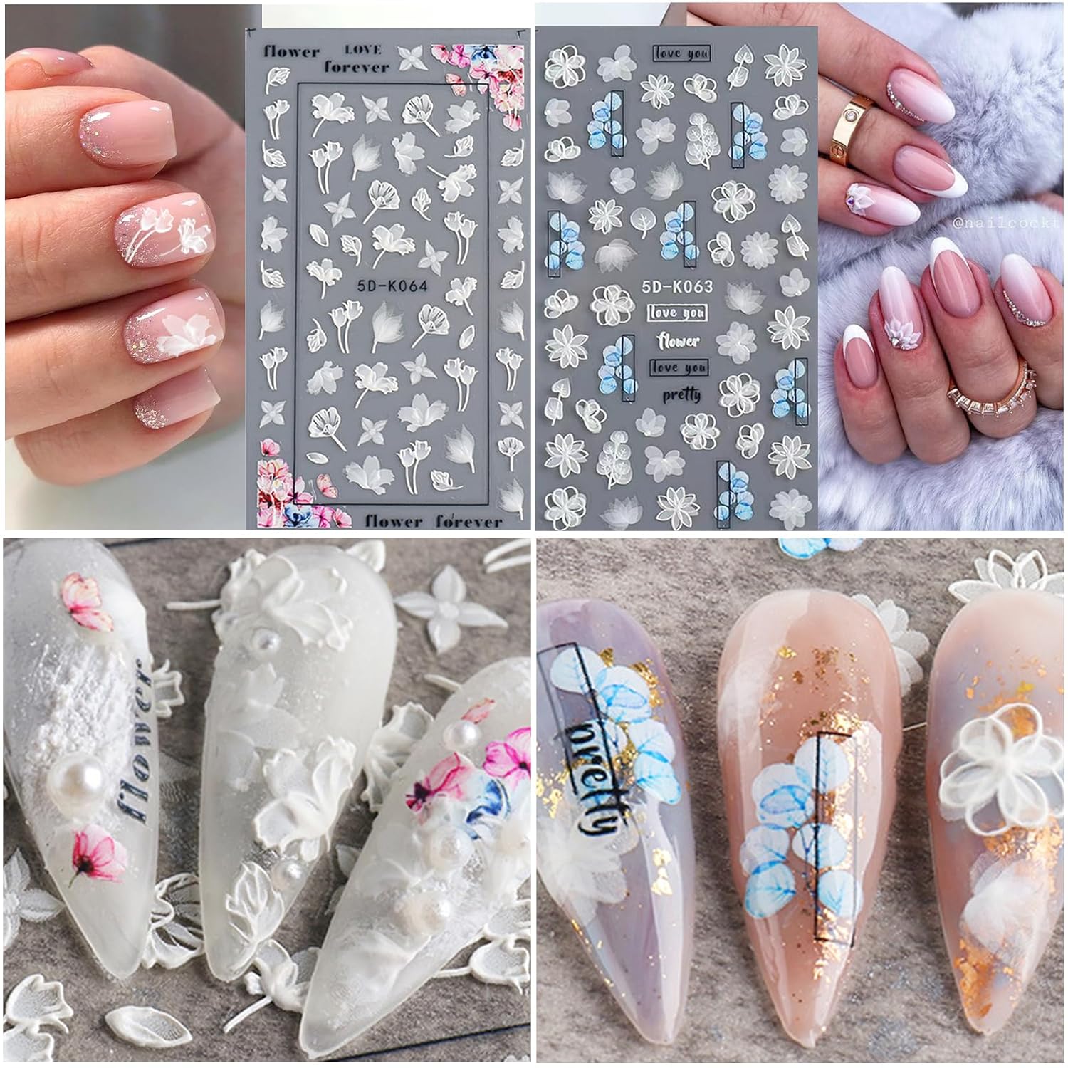 6 Sheets White Flower Nail Art Stickers Decals 5D Embossed Nail Decals Spring Winter Nails Art Self-Adhesive Supplies Accessories 3D Flower Stickers for Women Nails Design Decoration-Velvo Beauty