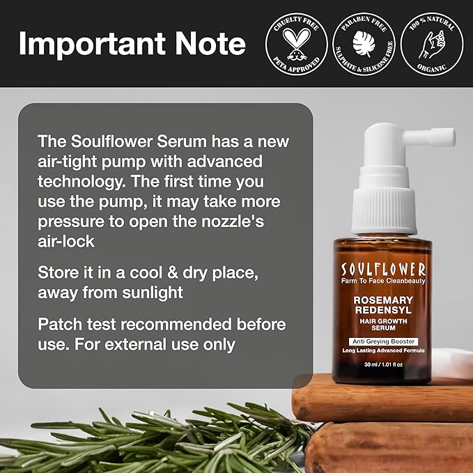 Soulflower Rosemary Redensyl Hair Growth Serum | 3% Redensyl, 4% Anagain, Melanogray, Caffeine, Biotin, Keratin, Tea Tree, Chia Seeds, Rice Water | Men, Women | 30 ml-Velvo Beauty
