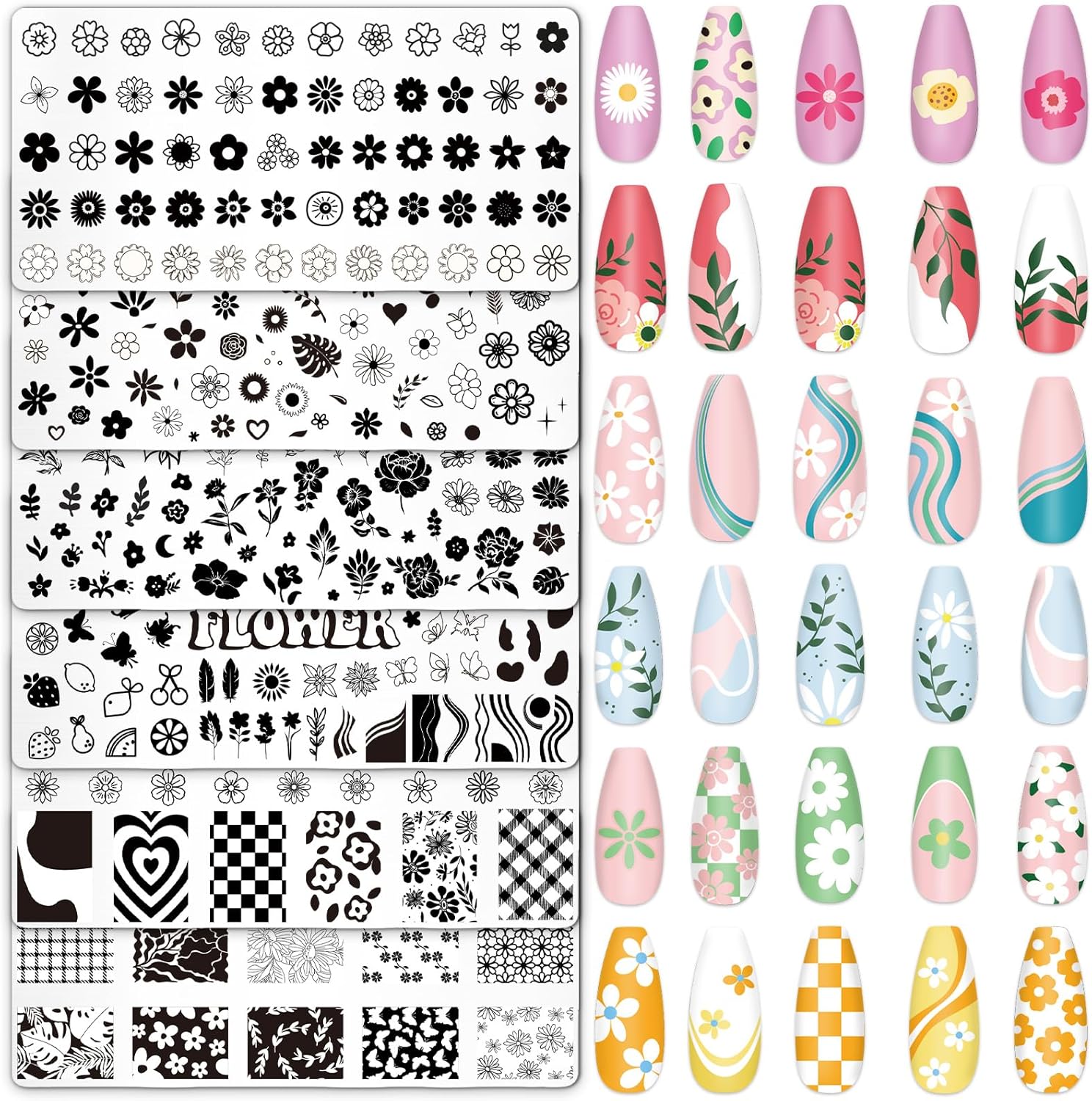 Whaline 6Pcs Simple Floral Nail Plates Stamping Set Flower Leaves Stamp Templates Nail Art Plates for DIY Print Manicure Salon Design Gift-Velvo Beauty