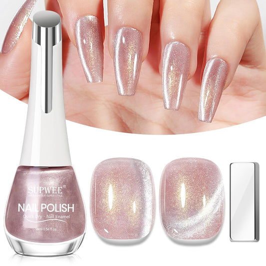 Coupled Pink Cat Eye Nail Polish Non Gel with Magnet Quick Dry Magnetic Nail Polish for Fingernail Air Drying Fast Lacquer Manicure Gift For Women Girls 16ml, 0.54fl oz-Velvo Beauty