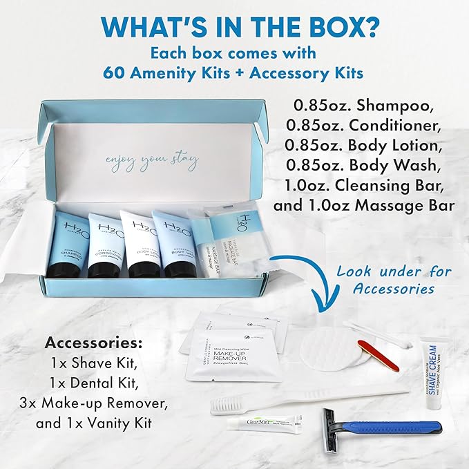 H2O Therapy Amenity & Accessory Kit | 0.85 oz Travel Size Shampoo, Conditioner, Lotion, Body Wash, Massage Bar, Cleansing Bar, Shave & Dental Sets, Make-Up Remover Wipes, & Vanity Kit | 60 sets/case-Velvo Beauty