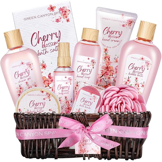 Green Canyon Spa Gift Baskets for Women Cherry Blossom Bath and Body Work Gift Set with Bubble Bath,Body Lotion Spa Gifts for Women Mothers Day Gifts for Mom-Velvo Beauty