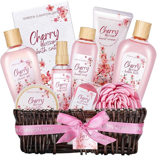 Green Canyon Spa Gift Baskets for Women Cherry Blossom Bath and Body Work Gift Set with Bubble Bath,Body Lotion Spa Gifts for Women Mothers Day Gifts for Mom-Velvo Beauty