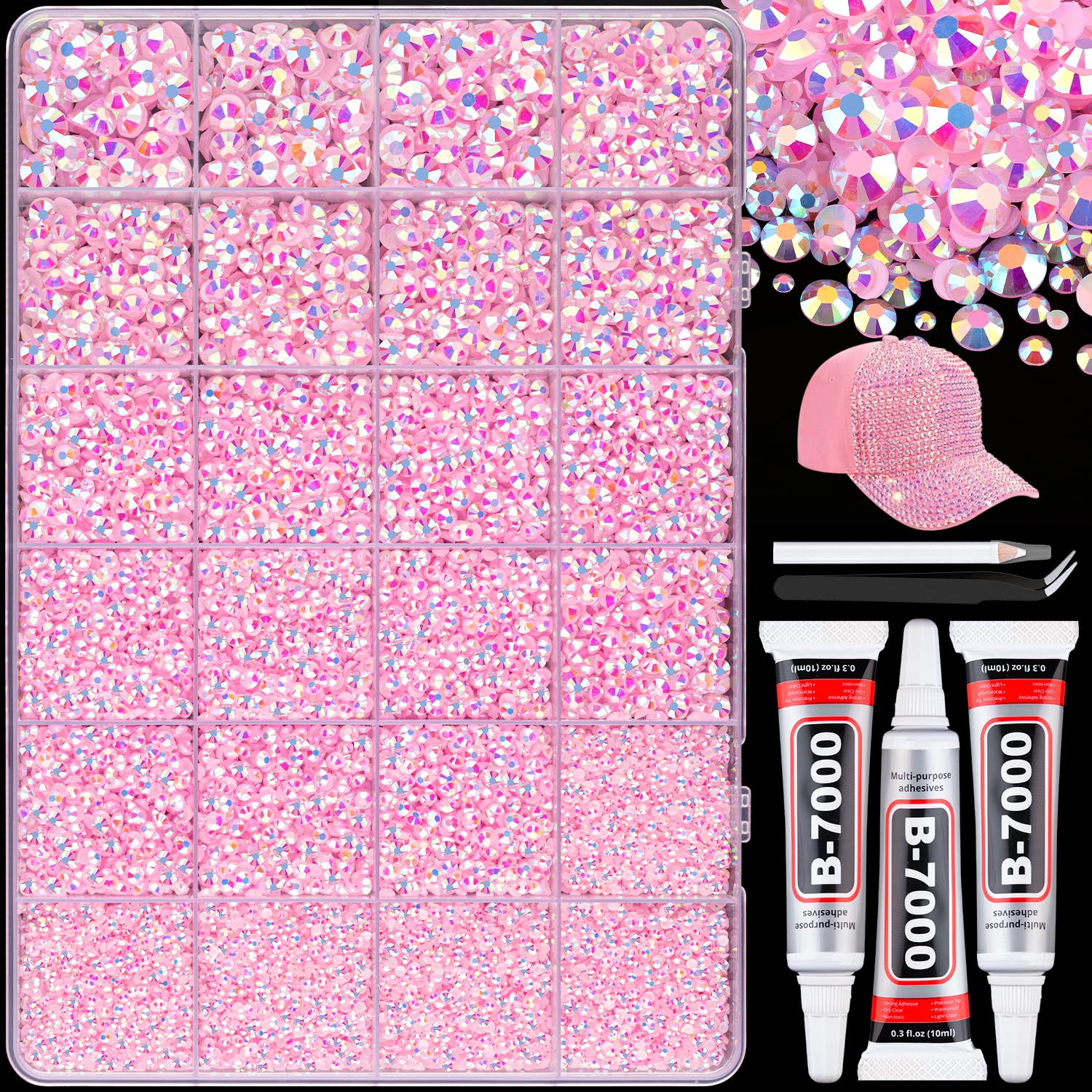 25000Pcs Resin Rhinestones with B7000 Jewelry Glue for Crafting, Light Pink AB 2-6mm Non Hotfix Flatback Gems, Bedazzling Crystal for DIY Crafts Clothing Tumblers Mugs Shoes Fabric Decor Nail Art-Velvo Beauty