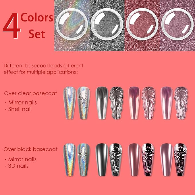 Allstarry Chrome Nail Powder, Metallic Mirror Effect Pigment Chrome Holographic Nail Glitter Magic Unicorn Glitter Dust Kit for Manicure Valentines Nail Art Decoration- Pink Silver Grey Series-Velvo Beauty