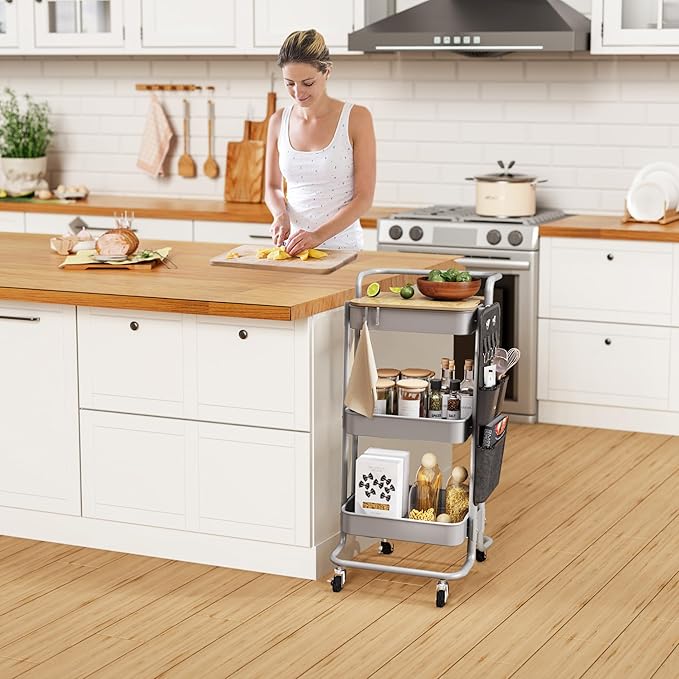 DTK 3 Tier Metal Utility Rolling Cart with Table Top and Side Bags, Tray Storage Organizer Wheels, Art Craft 4 Hooks for Kitchen Bathroom Office Living Room(Grey)-Velvo Beauty