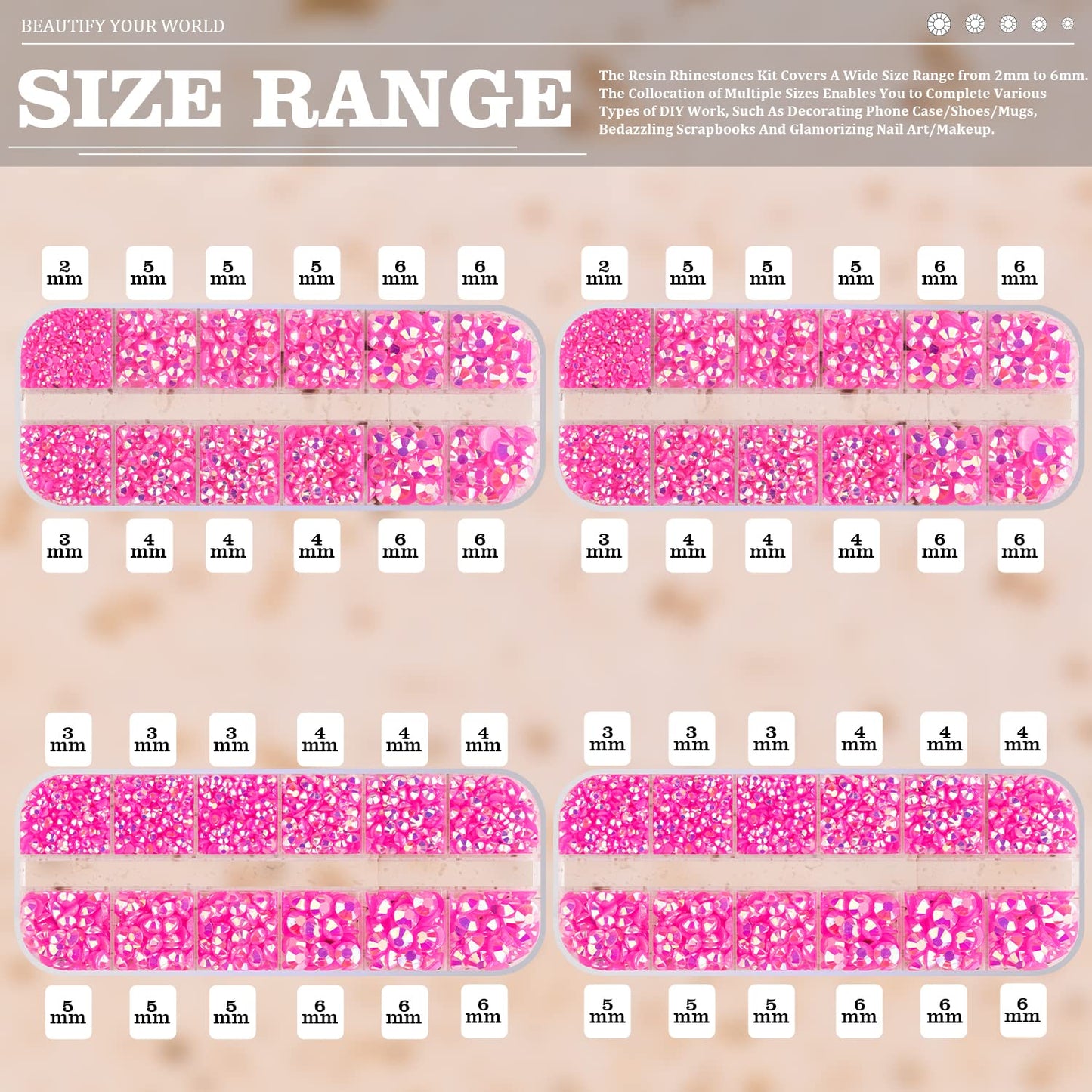 7000PCS Resin Rhinestones with Tweezers for Crafting, 2/3/4/5/6mm Flatback Jelly Rhinestones, 4 Box Hot Pink AB Non Hotfix Crystal Gems for DIY Crafts Mugs Tumblers Clothes Makeup Nail-Velvo Beauty