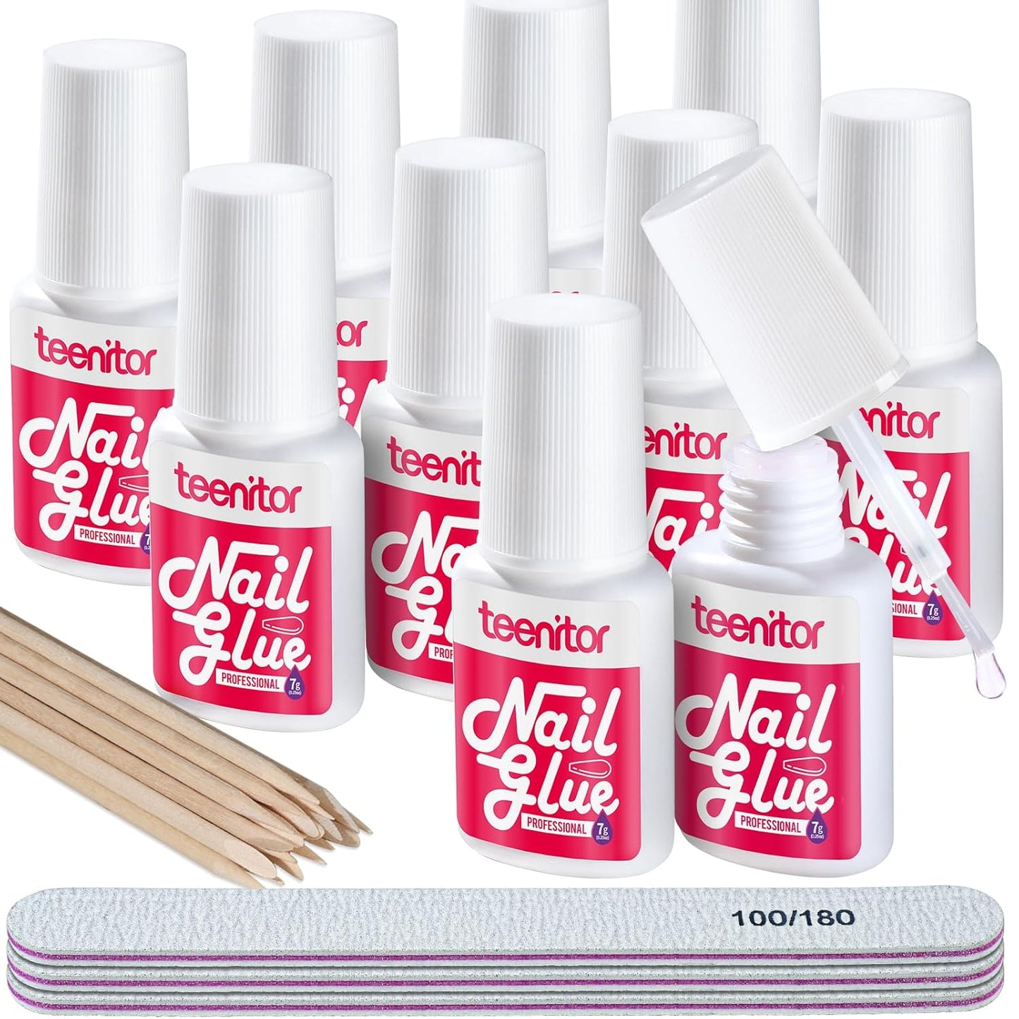 Teenitor Pink Nail Glue, 10 Pack Brush On, Strong for Press Ons & Acrylic Nails, Water Resistant, Fast Drying, No Lamp Needed-Velvo Beauty