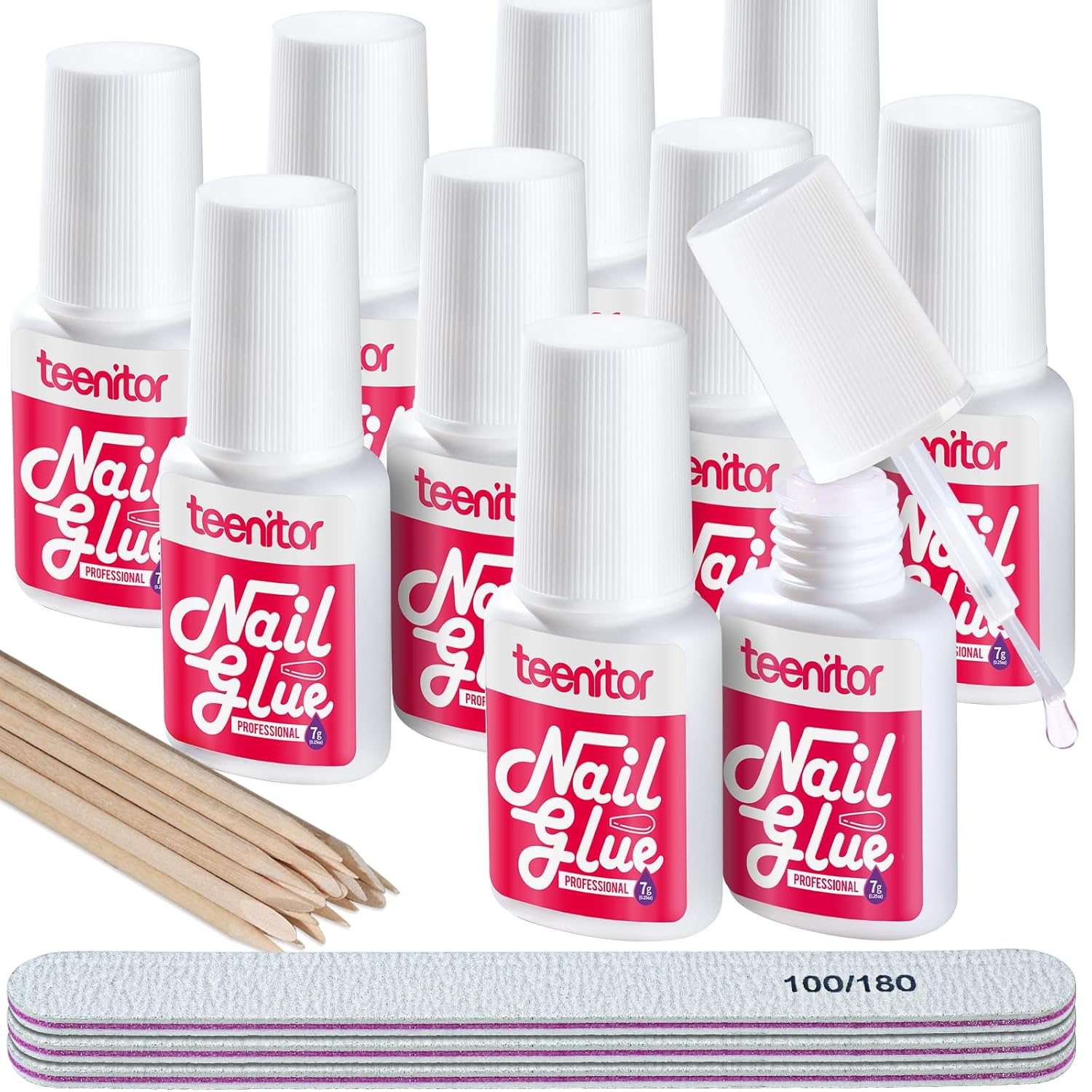Teenitor Pink Nail Glue, 10 Pack Brush On, Strong for Press Ons & Acrylic Nails, Water Resistant, Fast Drying, No Lamp Needed-Velvo Beauty