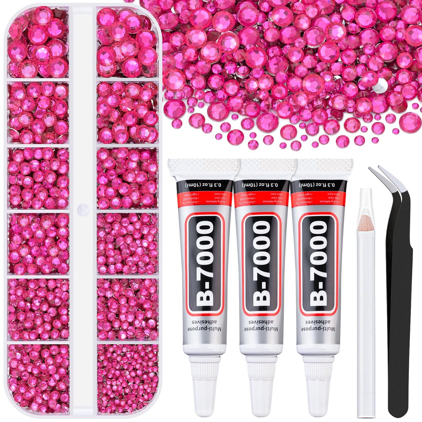 6000Pcs Resin Rhinestones for Bedazzling with 3Pcs B7000 Jewelry Glue, 1 Box Hot Pink Flatback Rhinestones for Crafting Crafts DIY, Crystals Gems for Clothing Shoes Tumblers Nail Art Makeup-Velvo Beauty