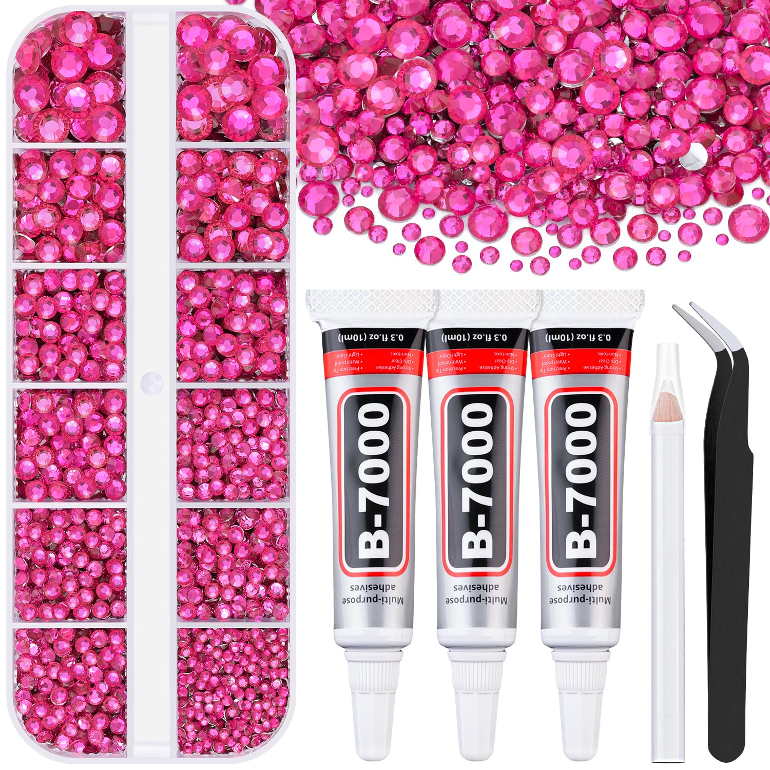6000Pcs Resin Rhinestones for Bedazzling with 3Pcs B7000 Jewelry Glue, 1 Box Hot Pink Flatback Rhinestones for Crafting Crafts DIY, Crystals Gems for Clothing Shoes Tumblers Nail Art Makeup-Velvo Beauty