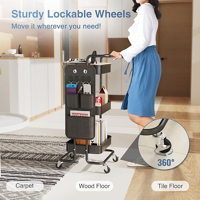 DTK 3 Tier Metal Utility Rolling Cart with Table Top and Side Bags, Tray Storage Organizer Wheels, Art Craft 4 Hooks for Kitchen Bathroom Office Living Room (Black)-Velvo Beauty