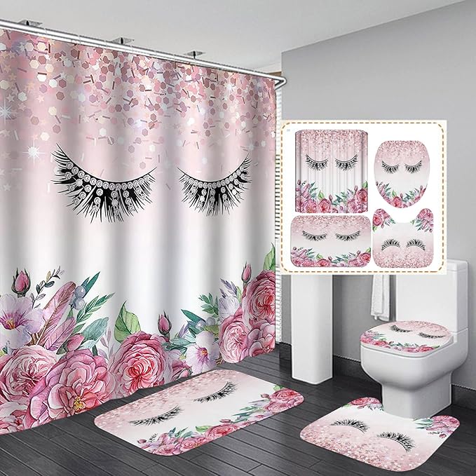 4PCS Diamond Eyelash Shower Curtain Set, Rustic Flower Botanical Bouquet Confetti Girly Makeup Fashion Bathroom Decor Waterproof Fabric Shower Curtain Non-Slip Bath Mat Toilet Rug, Pink Floral-Velvo Beauty