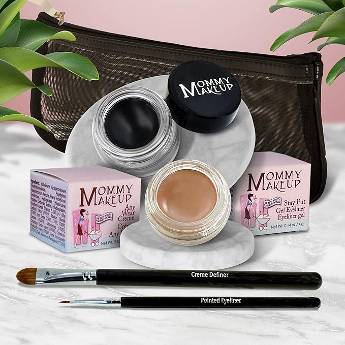The Everlasting Eye 5 Piece Waterproof Makeup Set. Gel Eyeliner, Creme Eyeshadow, 2 brushes and Mesh Bag. Paraben-free, Talc-free, Cruelty-free. Misty Mocha/Black Beauty 1801-Velvo Beauty