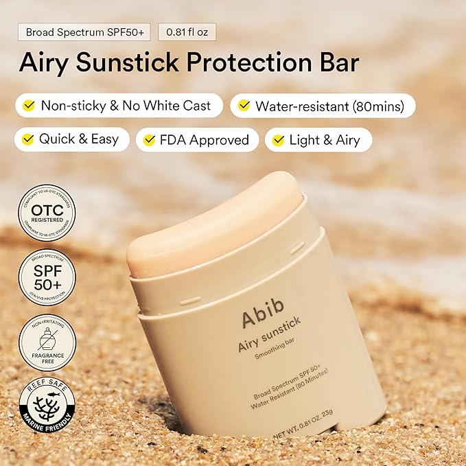 Abib Airy Sunstick Protection Bar Broad Spectrum SPF50+ 0.81 oz / 23 g (Semi-matte) | Korean Suncreen Stick Suncare Sunblock, No Whitecast, Protector Solar Barra, Water resistant-Velvo Beauty