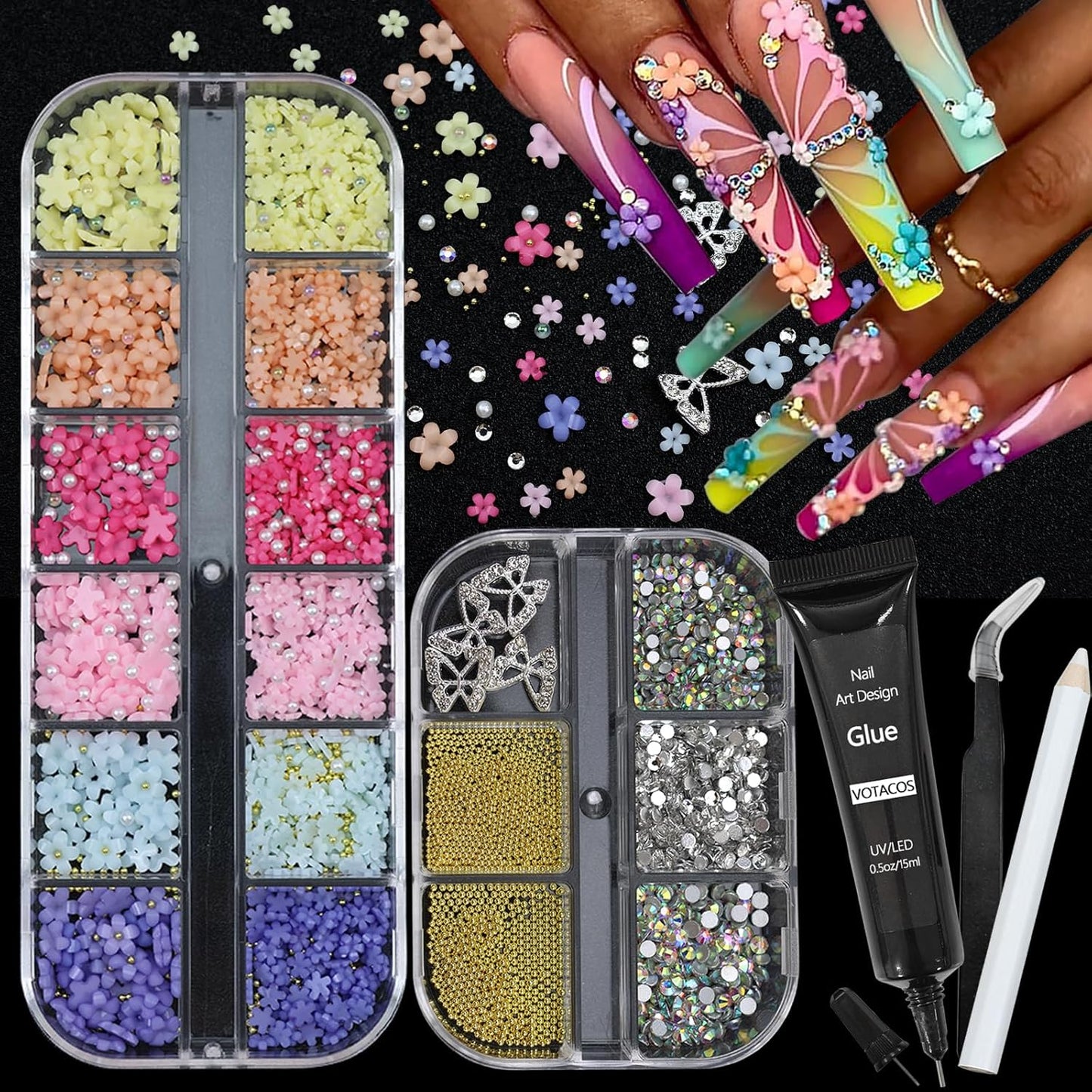 Nail Charms Rhinestones Colorful Nail Art Gems with Glue Gel Flatback Pearls Supplies Luxurious Crystal AB Rhinestones Nails Accessories Jewelry Pearls for Women Nails DIY Design-Velvo Beauty