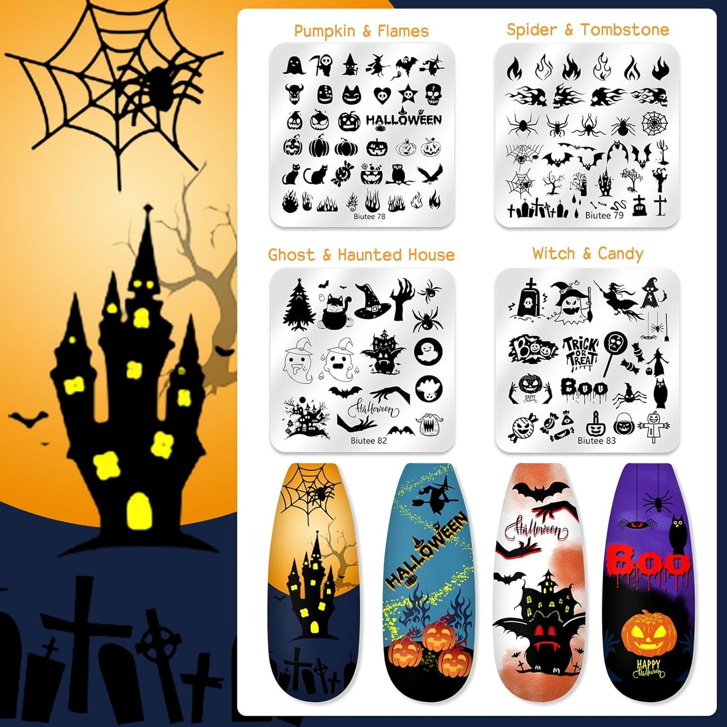 Biutee Nail Stamping Plate 20Pcs Nail Stamper Kit 16Pcs Nail Art Stamping Plates with Silicone Stamper, Scraper & Storage Bag, Stamp Plates Star Plaid Love Leaf Template Halloween Design Gift-Velvo Beauty