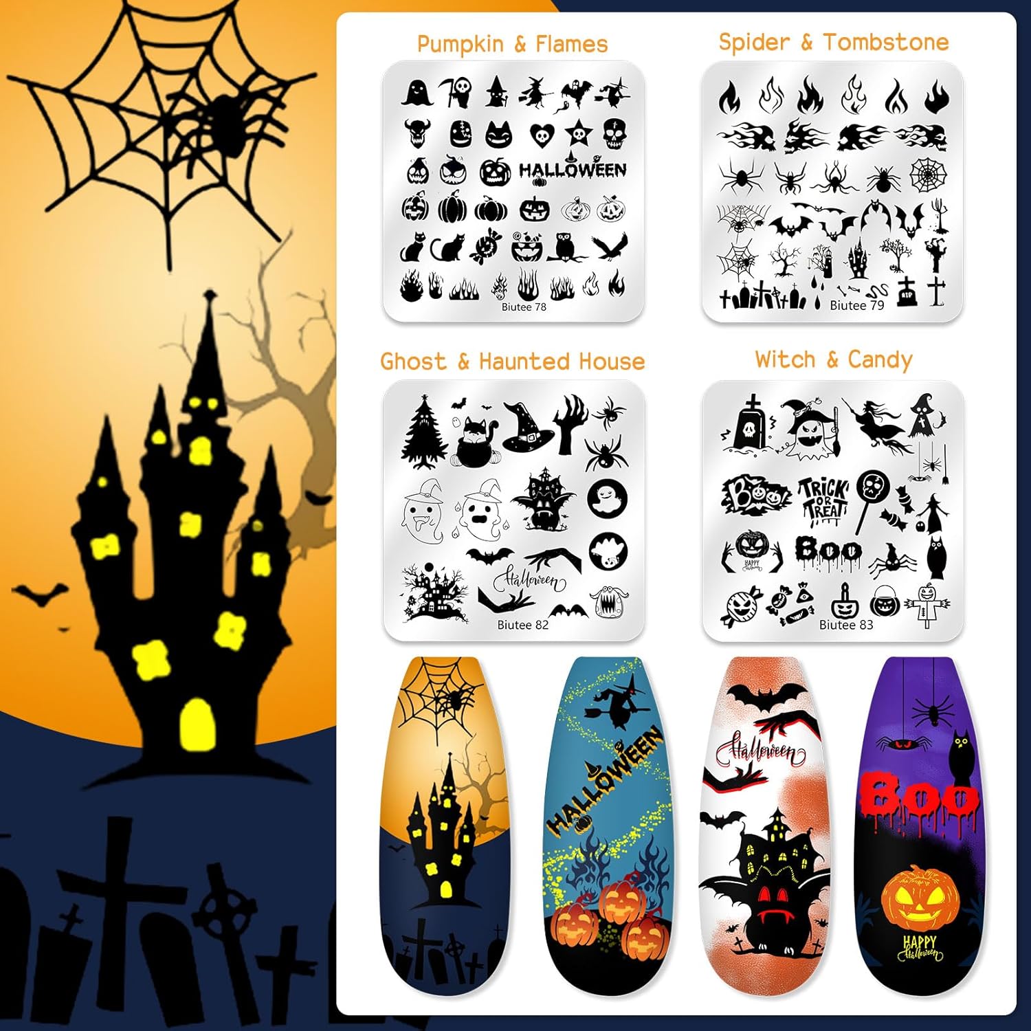 Biutee Nail Stamping Plate 20Pcs Nail Stamper Kit 16Pcs Nail Art Stamping Plates with Silicone Stamper, Scraper & Storage Bag, Stamp Plates Star Plaid Love Leaf Template Halloween Design Gift-Velvo Beauty