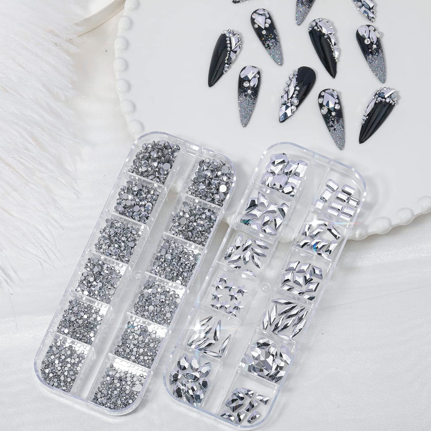 HNUIX Nail Rhinestones - 3D Multi Shape Size, Silver Nail Gems and Charms, Flat Back Crystal, with Kit, for Nail Art, DIY Decorations-Velvo Beauty