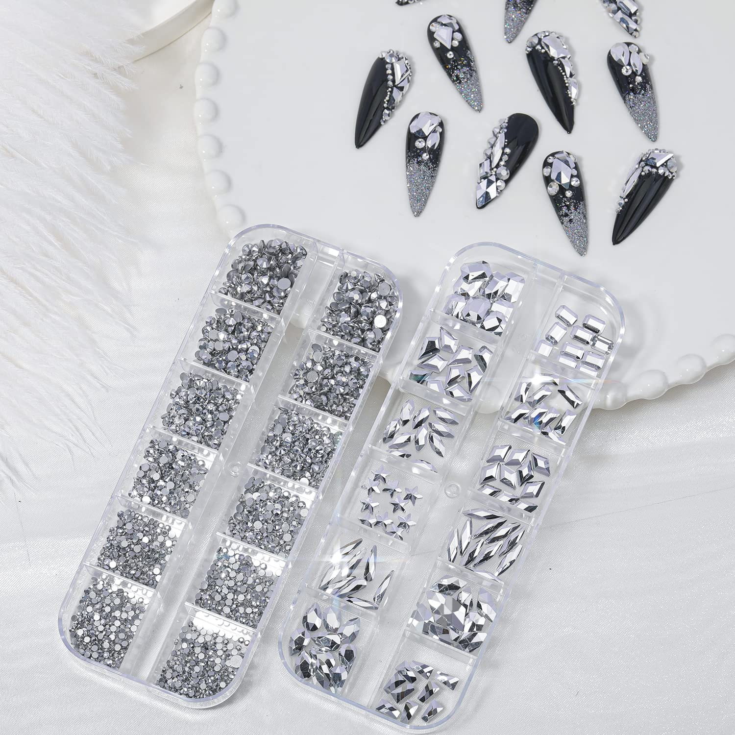 HNUIX Nail Rhinestones - 3D Multi Shape Size, Silver Nail Gems and Charms, Flat Back Crystal, with Kit, for Nail Art, DIY Decorations-Velvo Beauty