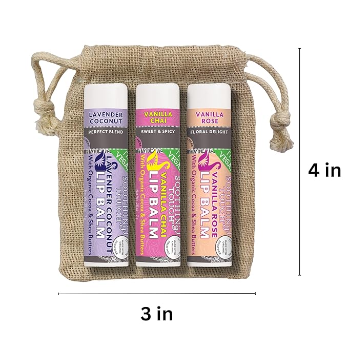 Vegan Lip Balm Set - Pack of 6 Soothing Touch Lip Balms. Includes Muslin Pouch & Lip Balm Holder Keychain (Pink): Pomegranate, Lemon Cardamom, Grapefruit, Vanilla Rose, Vanilla Chai, Lavender Coconut-Velvo Beauty