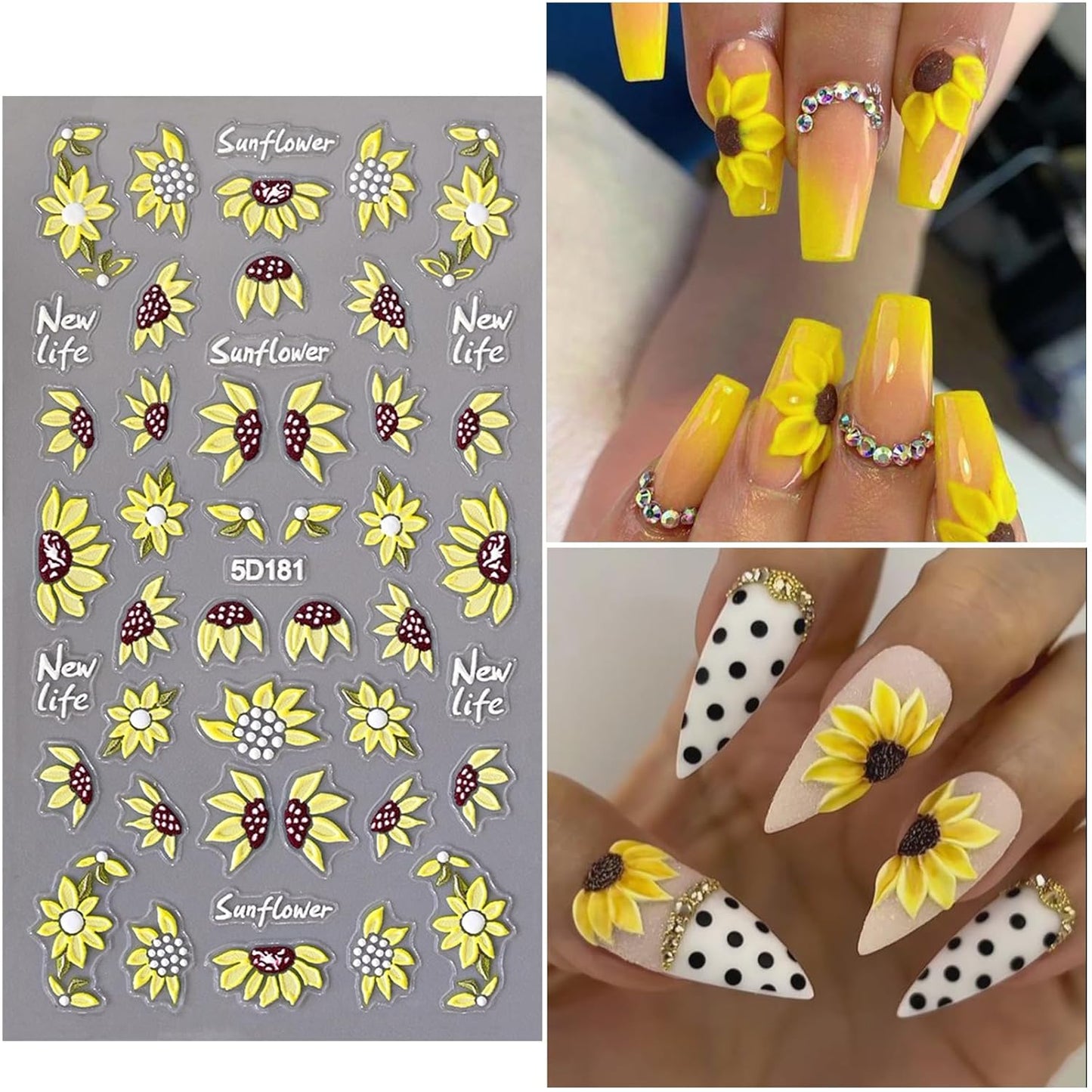 4 Sheets 5D Flower Nail Art Stickers Embossed Nail Decals Autumn Nails Art Design 3D Self-Adhesive Sunflowers Yellow Flower Nails Stickers for Women DIY Decoration-Velvo Beauty