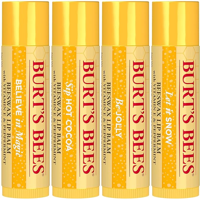 Burt's Bees Christmas Gifts, 4 Lip Balm Stocking Stuffers Products, Jingle Balms Set - Classic Beeswax Moisturizing Lip Balm-Velvo Beauty