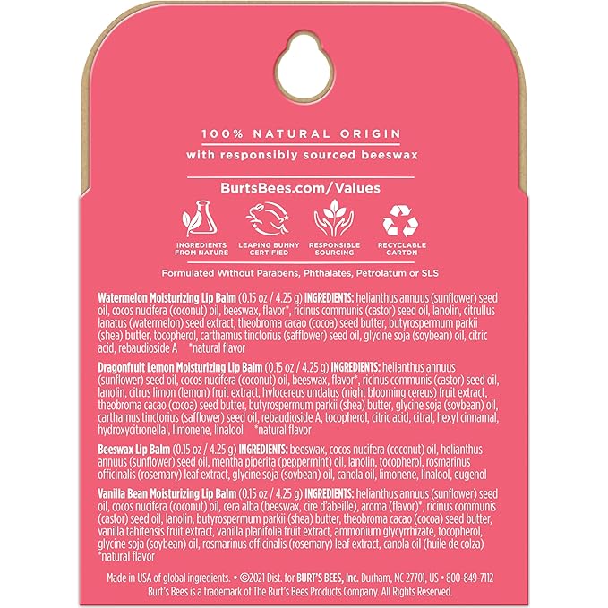 Burt's Bees Lip Balm, Moisturizing Lip Care, 100% Natural, Discover U - Original Beeswax, Watermelon, Dragonfruit Lemon & Vanilla (4 Pack)-Velvo Beauty