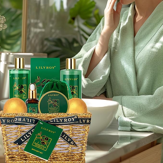 Bath & Body Gift Basket for Mothers Day - 10-Piece Eucalyptus Luxury Spa Set for Women & Men, Relaxation, Aromatherapy Ideal for Christmas, Father’s Day, Birthday with Shower Gel & More for Her & Him-Velvo Beauty
