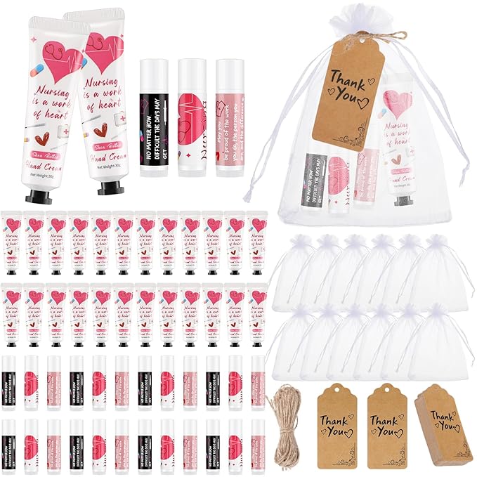 Nurse Appreciation Gifts Set Thank You Gifts Lip Balm Hand Cream for Dry Cracked Hands with Organza Bags Thank You Tags Jute for Party Holiday Nurse' Day(24 Sets)-Velvo Beauty