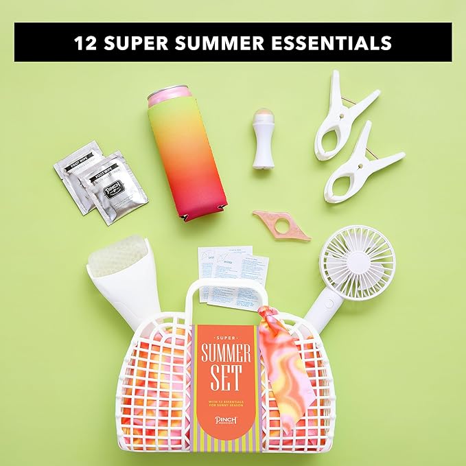 Pinch Provisions Super Summer Jelly Tote, 12 Beach & Poolside Accessories For Beauty, Perfect for Pool & Beach Days, Includes Oil Absorbing Roller, Rechargable Fan, Towel Clips, & Ice Roller-Velvo Beauty