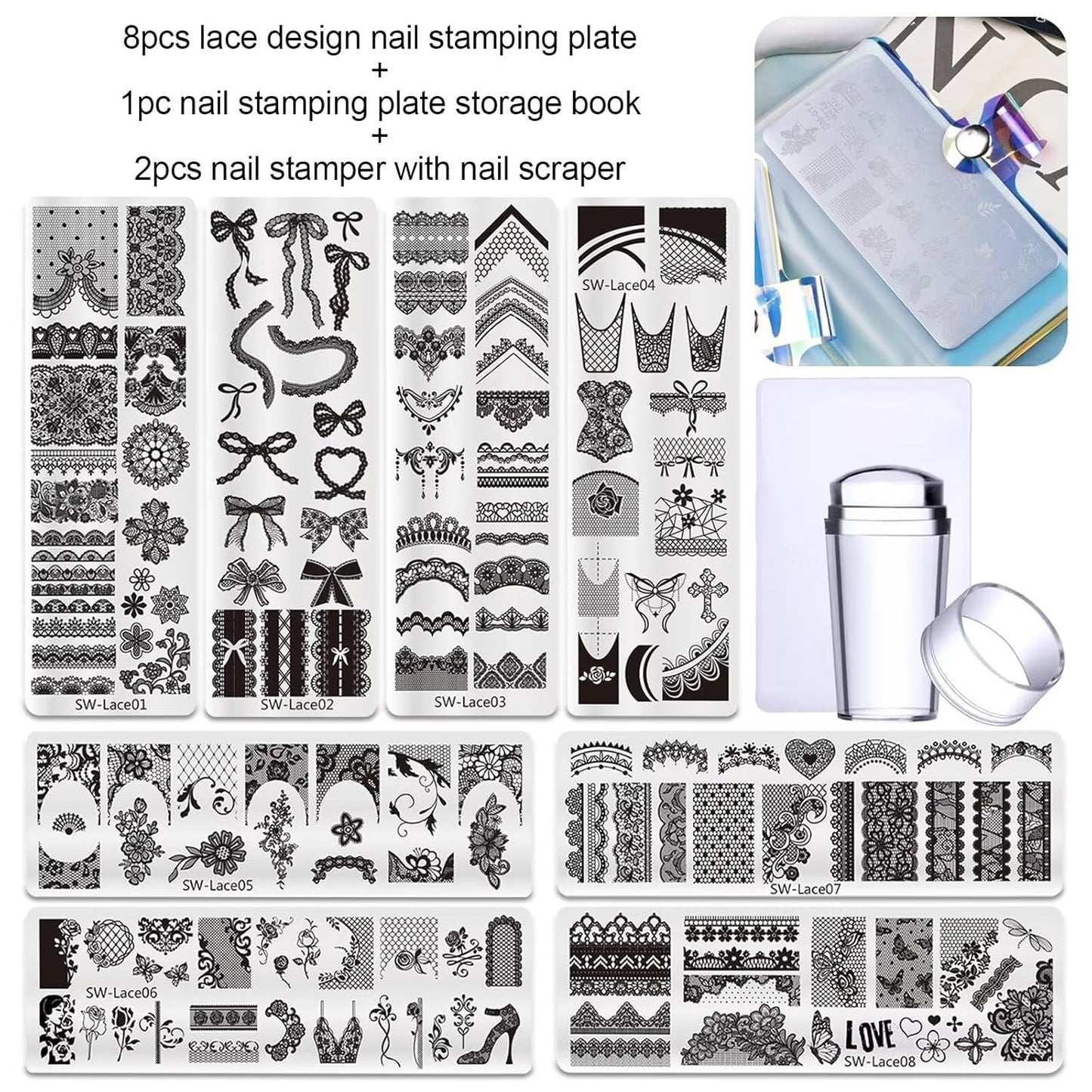 Lace Nail Stamping Plate Set - French Tip Stamp Silicone Nail Stamper Kit Bow Lace Design with Nail Stamp Plates Laser Storage Bag Nail Art Stencil Nail Supplies for Home DIY &Professional Salon-Velvo Beauty