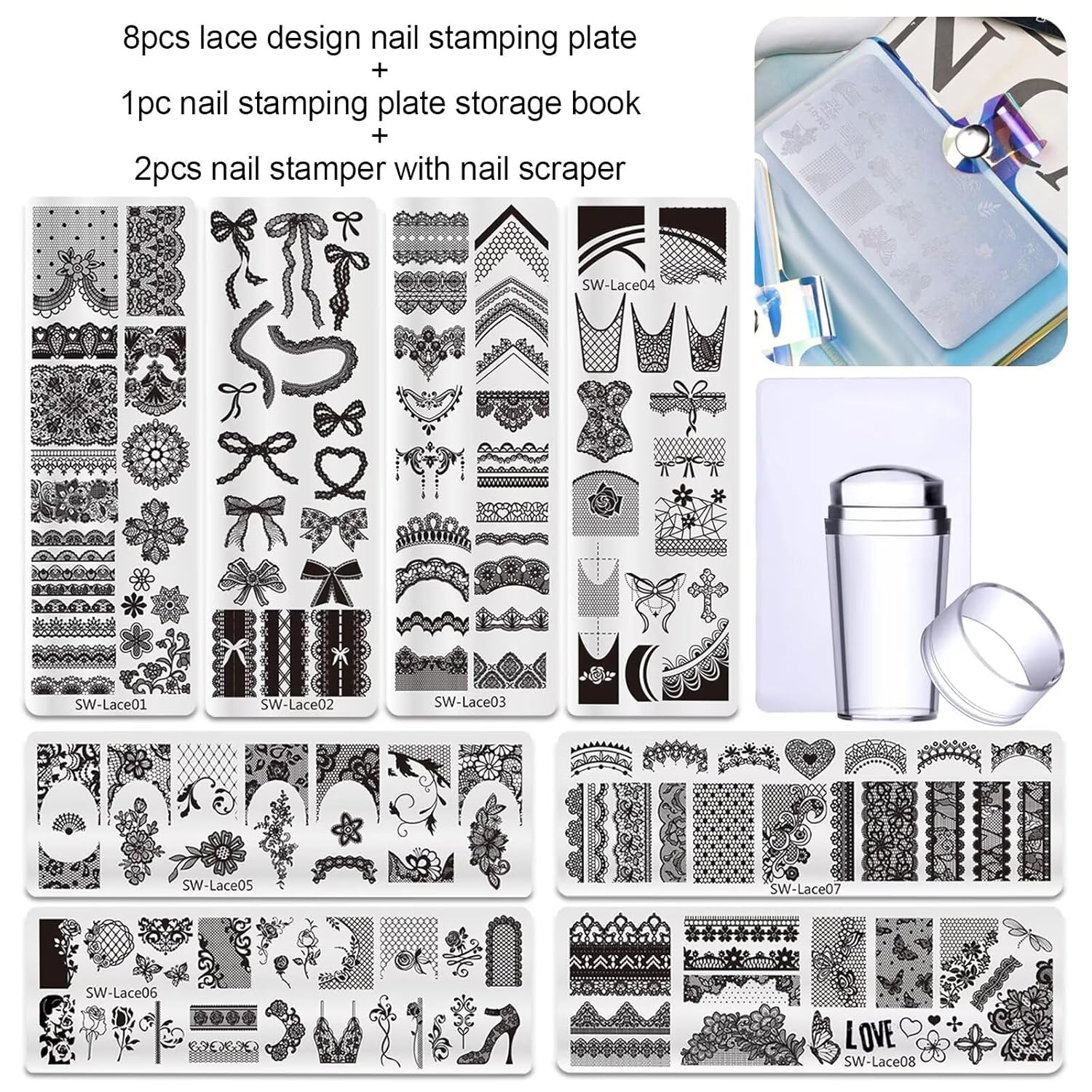 Lace Nail Stamping Plate Set - French Tip Stamp Silicone Nail Stamper Kit Bow Lace Design with Nail Stamp Plates Laser Storage Bag Nail Art Stencil Nail Supplies for Home DIY &Professional Salon-Velvo Beauty