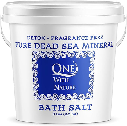 One With Nature 100% Pure Dead Sea Salt for Bath, 5lb Unscented. Dead Sea Salt is high in Essential Minerals, Such as Magnesium, Sulfur, Zinc, Potassium. Exfoliates, Nourishes Skin, Helps Restore pH-Velvo Beauty