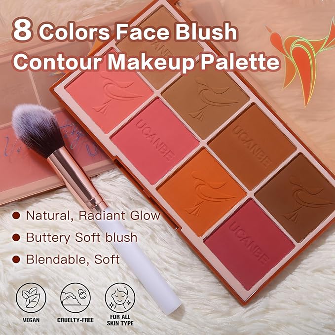 8 Colors Face Matte Blush Palette Shading Blusher with Brush - Buildable Facial Cheek Blusher Contour Bronzing Pressed Powder Makeup Pallet Women Gift Set (01 Matte)-Velvo Beauty