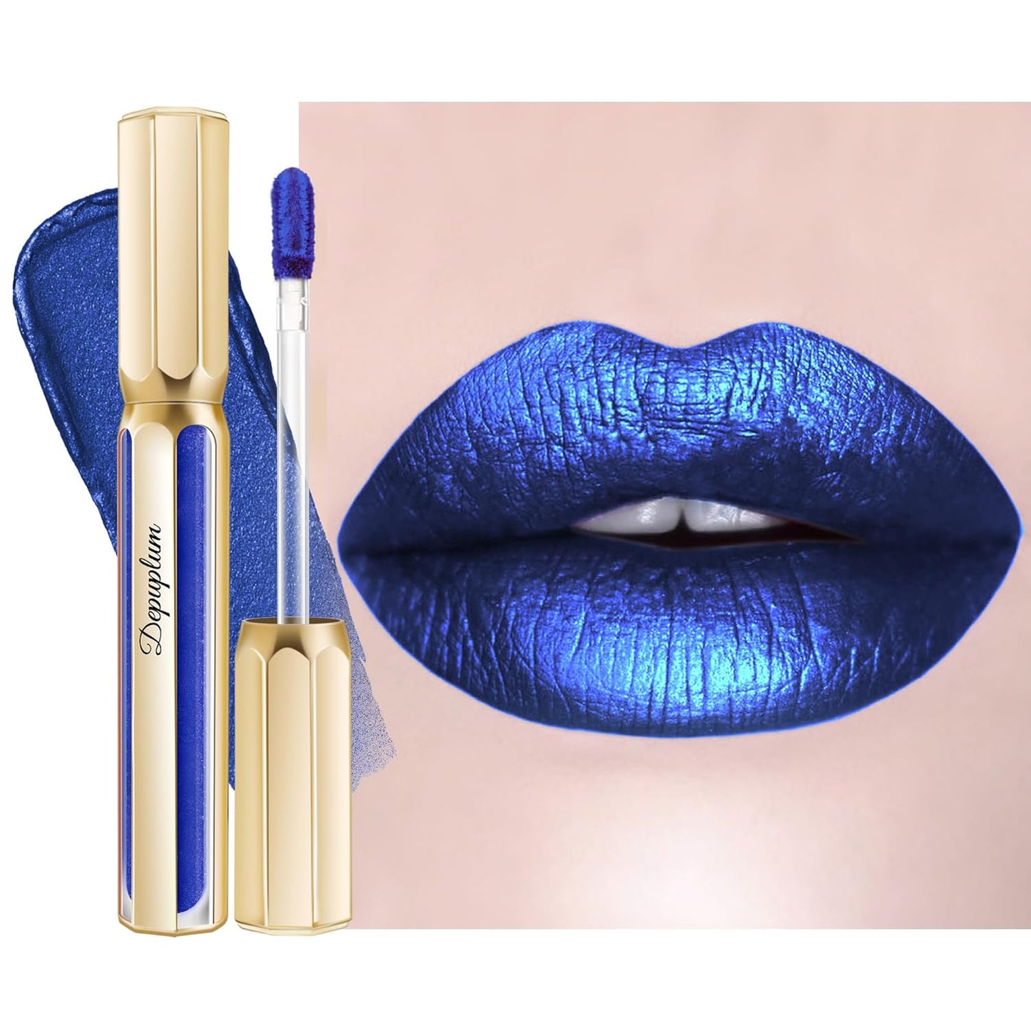 Blue Lipsticks for Women Metallic Lipstick Long Lasting Non Stick Cup Lip Gloss, Shimmer Lightweight Hydrating Full Coverage Lip Color, DP118 R&B-Velvo Beauty