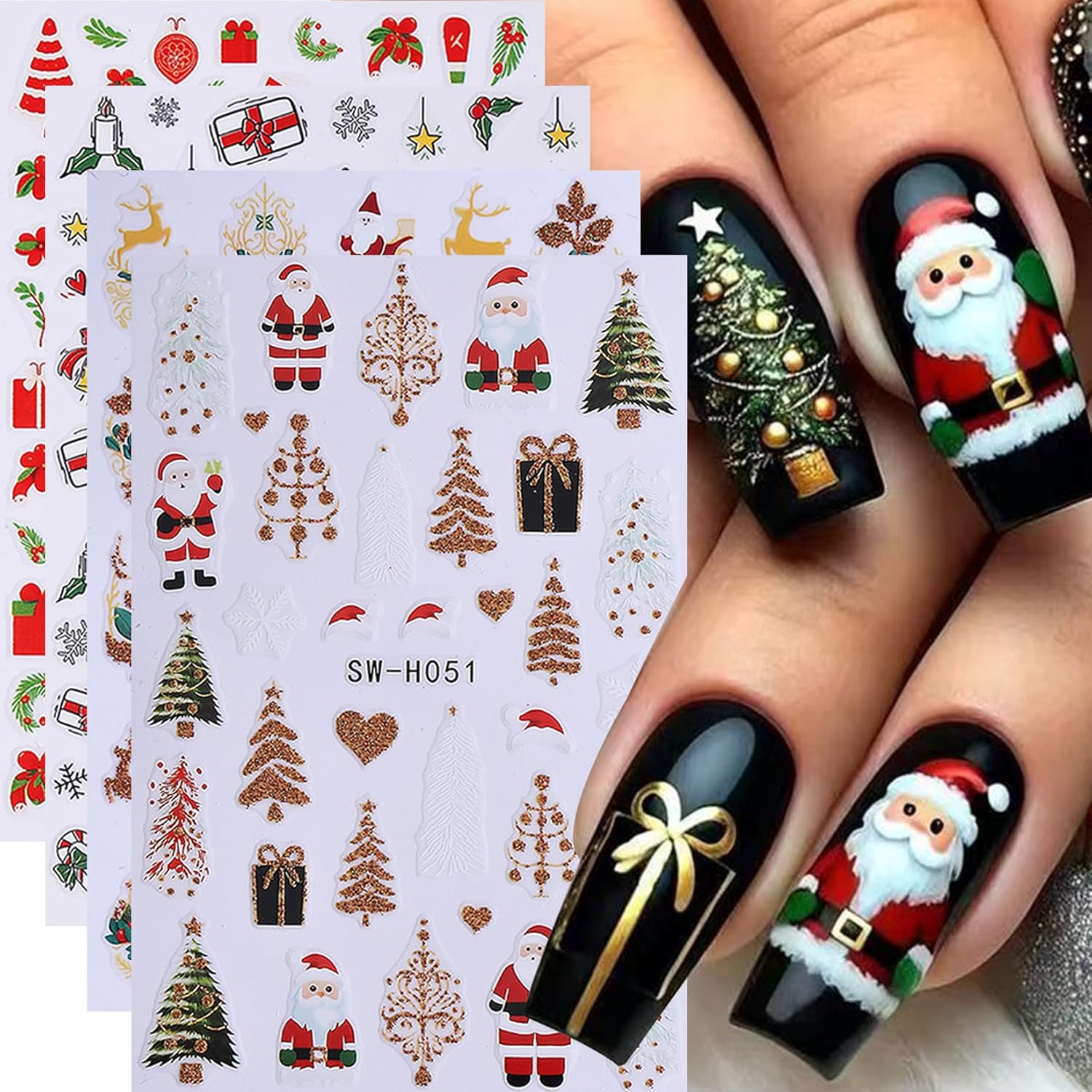 Christmas Nail Art Stickers Decals 16PCS 3D Self-Adhesive New Year Sticker for Nail Art Santa Claus Tree Elk Snowman Gonks Red Designs DIY Xmas Winter Decor Nail Art Supplies for Women Girls-Velvo Beauty