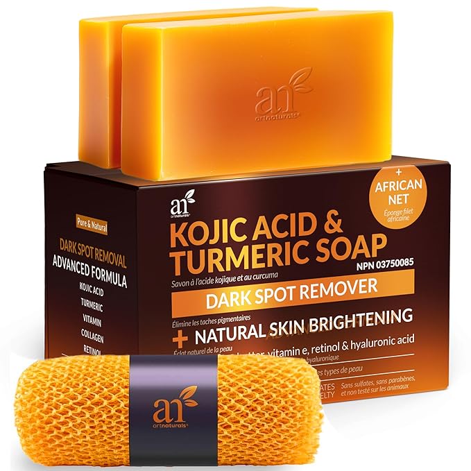 Kojic Acid Soap + African Net Sponge (2 pack X 142g Turmeric bars) Dark spot remover & Scars - Original Japanese Complex Vitamin C, Hyaluronic Acid, retinol, shea butter (Citrus)-Velvo Beauty