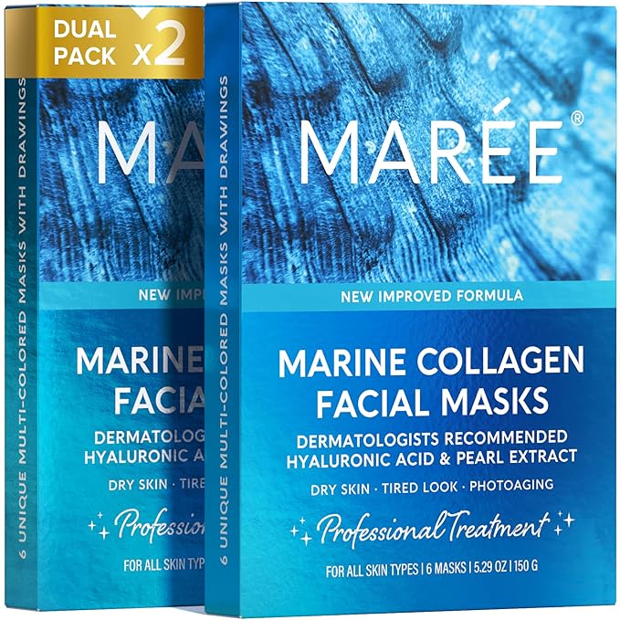MAREE Collagen Facial Mask with Hyaluronic Acid 2 PACK - Hydrating Face Masks Skincare - Mascarillas Faciales For Women Skin Care - Multicolor, 12 Count-Velvo Beauty