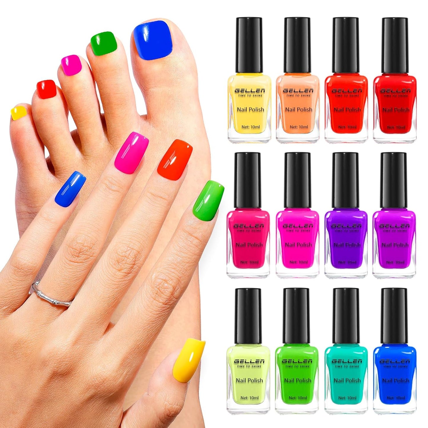 GELLEN Bright Neon Nail Polish Set, Quick Air Dry Regular Nail Polish Vibrant Rainbow 12 Colors Set for Fingernail Toe Nails Salon Home, Hema Free, Non-toxic, Red Pink Blue Green Purple Orange Yellow-Velvo Beauty