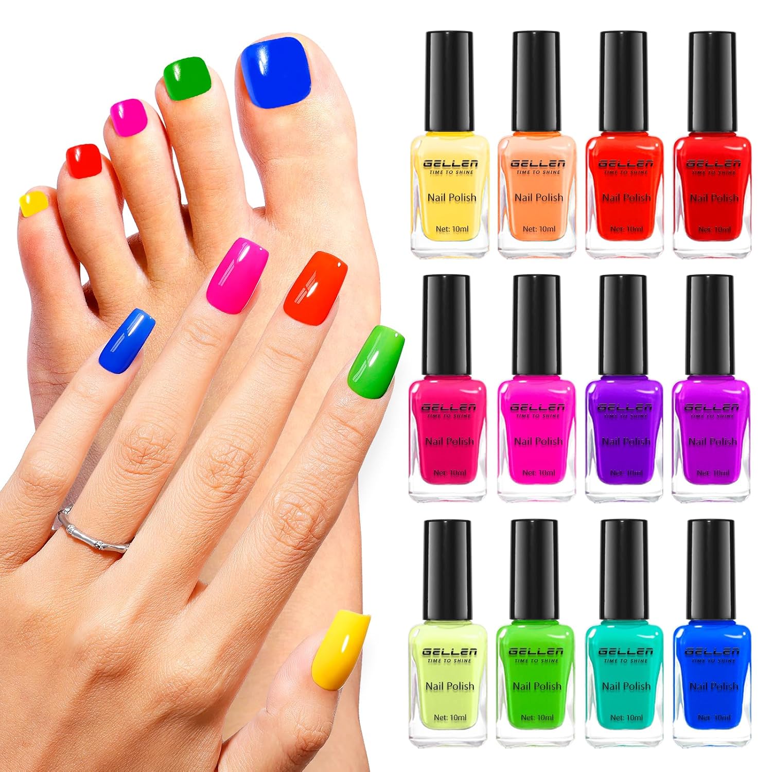 GELLEN Bright Neon Nail Polish Set, Quick Air Dry Regular Nail Polish Vibrant Rainbow 12 Colors Set for Fingernail Toe Nails Salon Home, Hema Free, Non-toxic, Red Pink Blue Green Purple Orange Yellow-Velvo Beauty