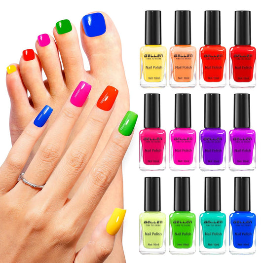 GELLEN Bright Neon Nail Polish Set, Quick Air Dry Regular Nail Polish Vibrant Rainbow 12 Colors Set for Fingernail Toe Nails Salon Home, Hema Free, Non-toxic, Red Pink Blue Green Purple Orange Yellow-Velvo Beauty