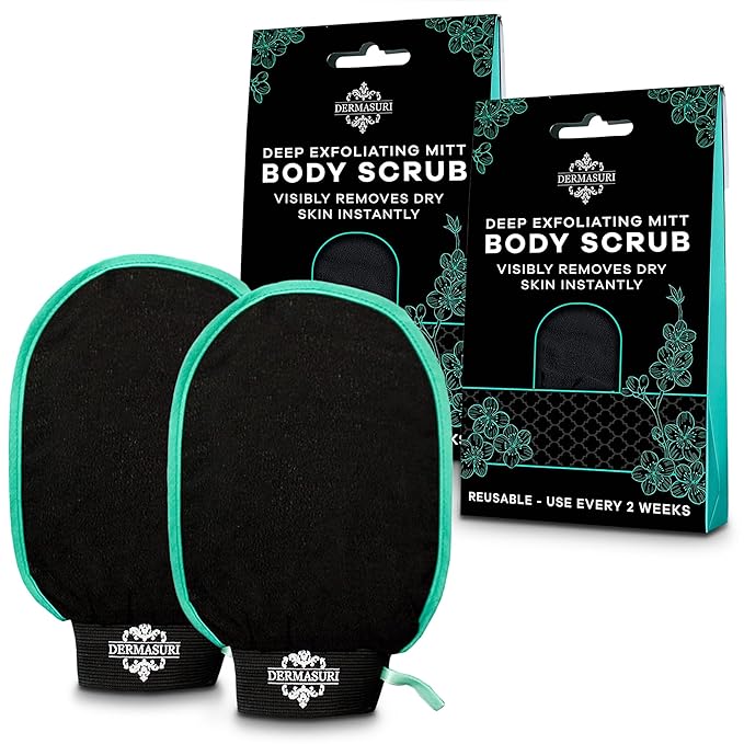 Dermasuri Deep Exfoliating Glove for Shower - Scrubbing Mitt Body Scrubber Gloves Skin Exfoliator & Eliminates Dead Skin - Keratosis Pilaris Scrub Spray Tan Remover - Korean Skincare for Body (2 Pack)-Velvo Beauty