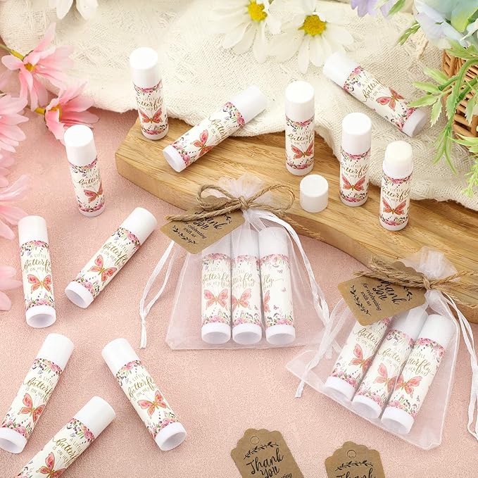 Demissle 50 Pcs Baby Shower Lip Balm Gift Set with 100 Pcs Organza Bags Baby Shower Party Favor for Guest Thank You Tag Rope Baby Shower Party Decoration Gender Reveal Souvenirs (Butterfly)-Velvo Beauty