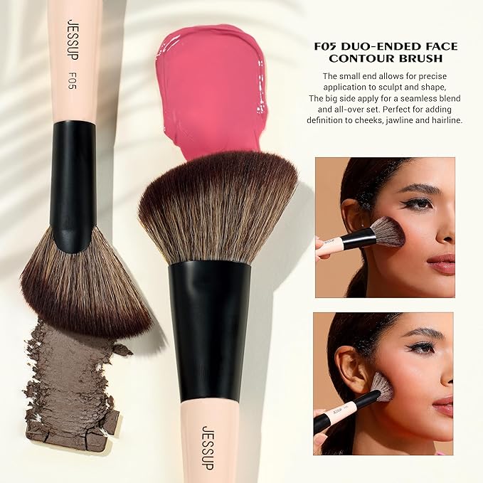 Jessup Face Makeup Brushes 3pcs Double Ended Makeup Brush Set for Foundation Contour Blush Highlight and Powder, Premium Synthetic Make up Brushes Peach Dust T508-Velvo Beauty