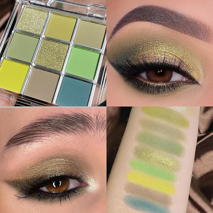 Erinde 9 Colors Eyeshadow Palette, Matte Shimmer Glitter Eye Shadow Palette Makeup, Highly Pigmented Long Lasting Waterproof, Natural Neutral Nude Eyeshadow Make Up Pallet, Yellow Green-Velvo Beauty