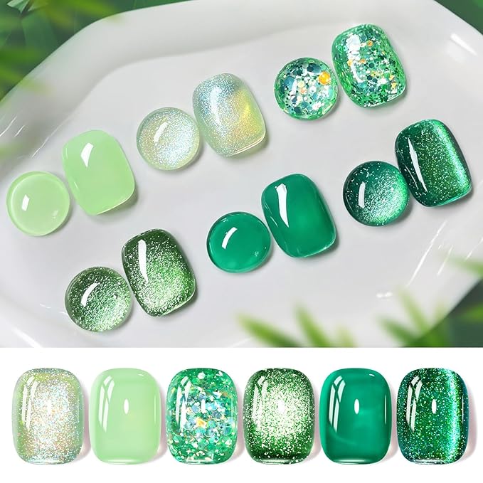 Born Pretty Gel Nail Polish Green Series,Jelly Transparent Gel Nail Polish, Cat Magnetic Eye,Shimmer Glitter Holographic Green Gel Polish Kit for Salon Manicure and Nail Art DIY at Home 6PCS 7ml-Velvo Beauty