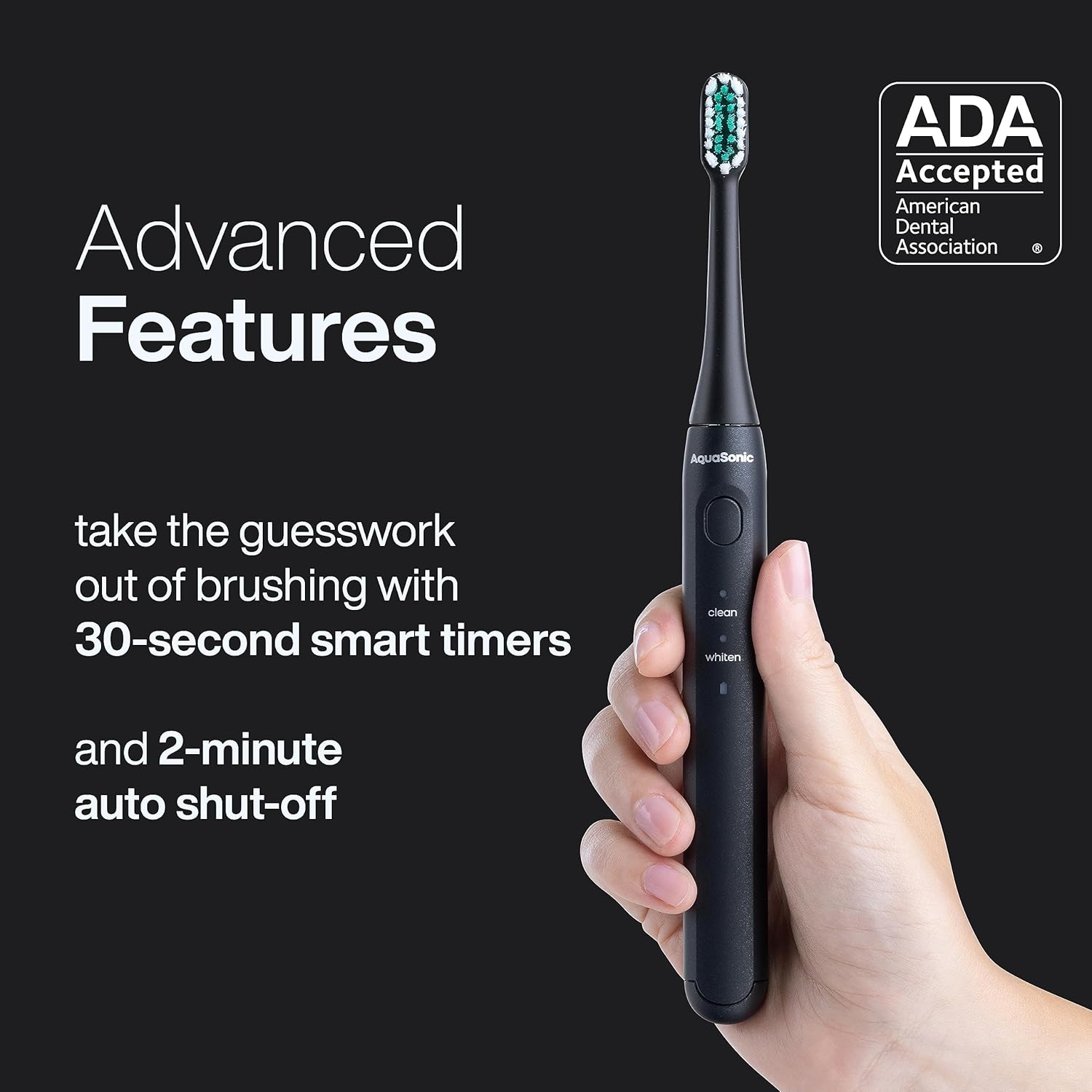 Aquasonic Icon ADA-Accepted Rechargeable Toothbrush | Magnetic Holder & Slim Travel Case | 2 Brushing Modes & Smart Timers | Gentle Micro-Vibrations(Onyx)-Velvo Beauty