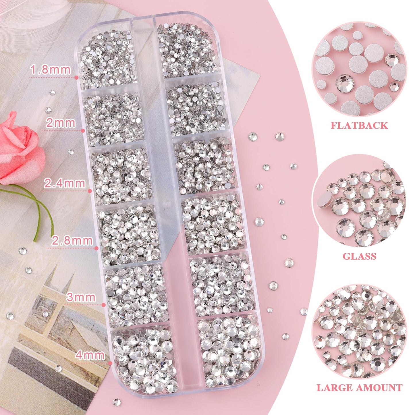 3600pcs Glass Transparent White Nail Rhinestones 6 Sizes(1.8/2/2.4/2.8/3/4mm) Flatback Crystal Nail Charms Jewels Decoration for Nail Art and Crafting, Tweezer and Pickup Pen included-Velvo Beauty