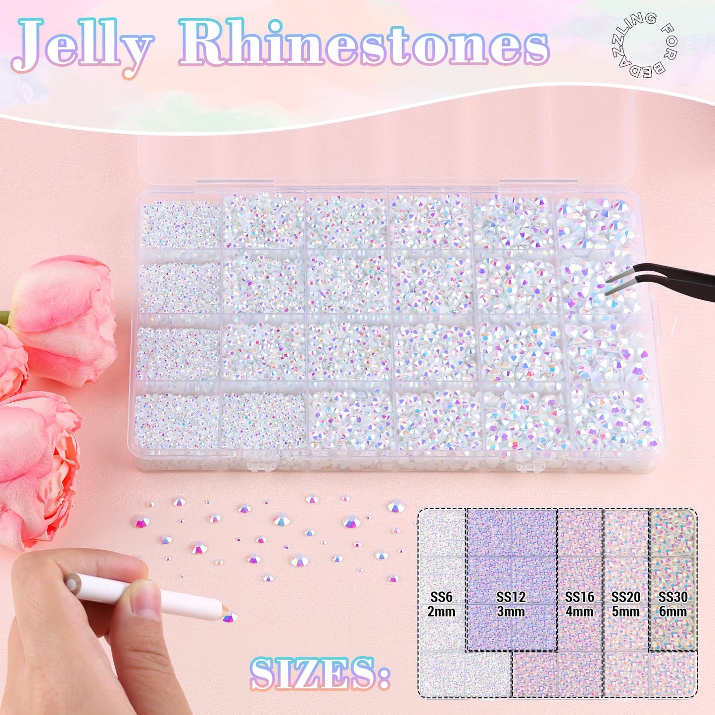 25000Pcs Resin Jelly Rhinestones with Tweezers for Crafting, 2-6mm Mixed Sizes (White AB) Non Hotfix Flatback Gems, Bedazzling Crystal for DIY Crafts Clothing Tumblers Mugs Shoes Decor Nail Art-Velvo Beauty